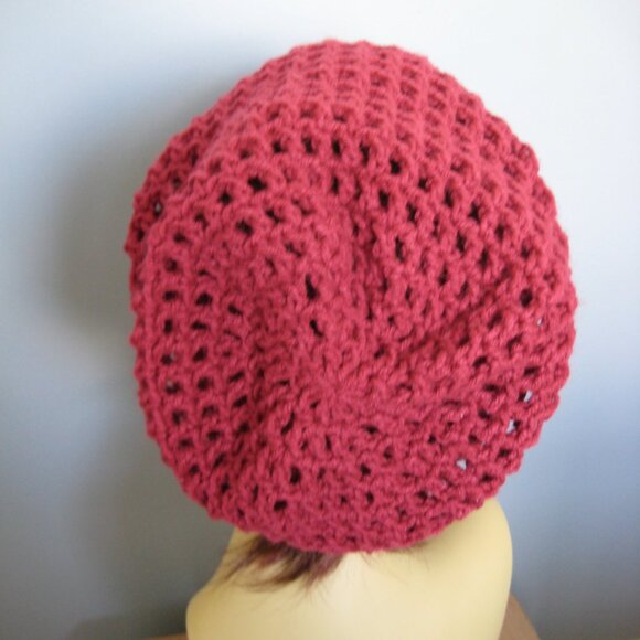 Burgundy Hand knit / Crochet Mesh Style Lightweight Winter Beanie Unisex - NEW - Picture 5 of 6